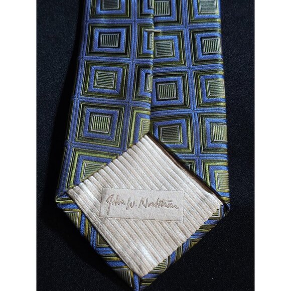 Vintage John W. Nordstrom Silk Tie Green & Blue Geometric Squares Pattern Made I - Picture 2 of 15